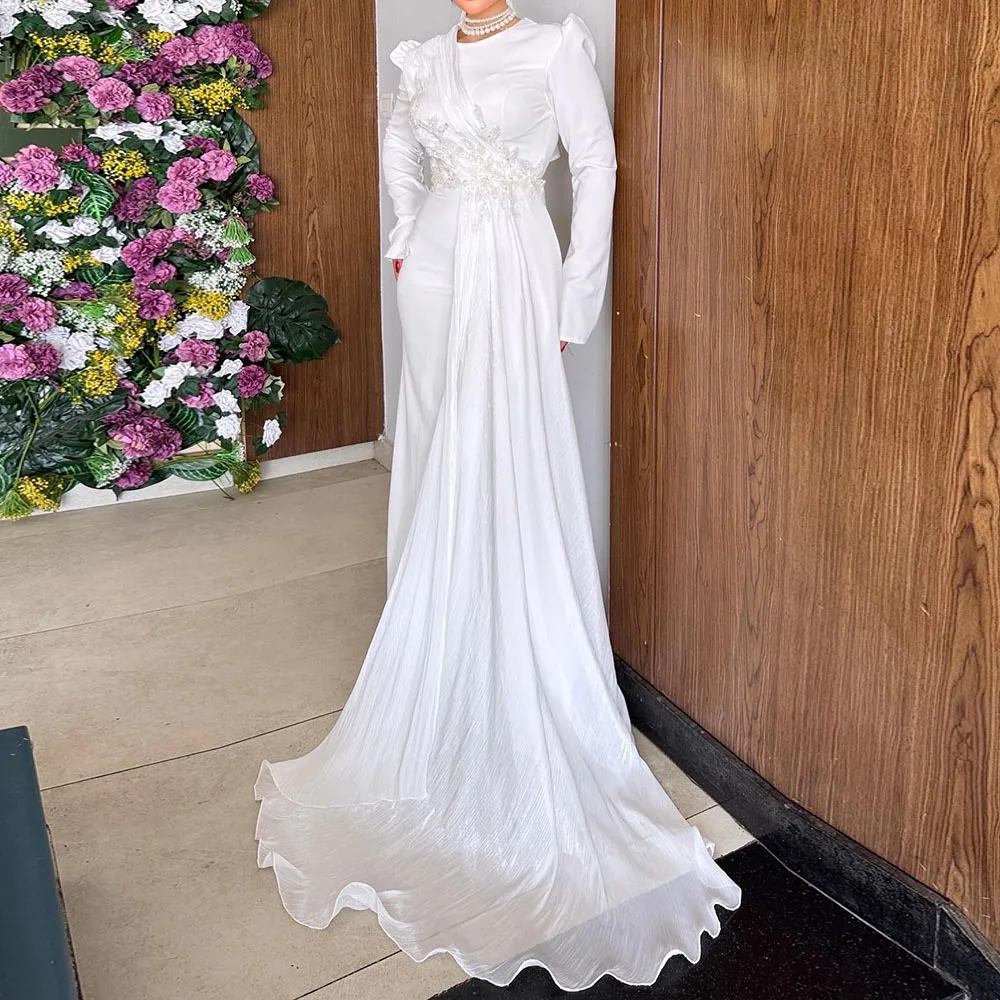 

Customized A-Lien Evening Dresses Floor-Length O-Neck Full Sleeve Prom Gown Fashion Sequined Beading Simple Draped Party Gown