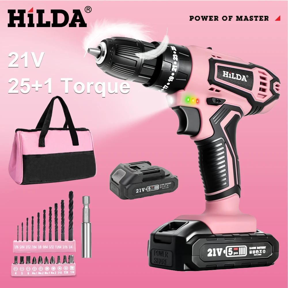 Perceuse électrique HILDA 21V rose, perceuse sans fil rechargeable, tournevis avec 2 batteries, embout de perçage et sac à outils, cadeau pour femmes