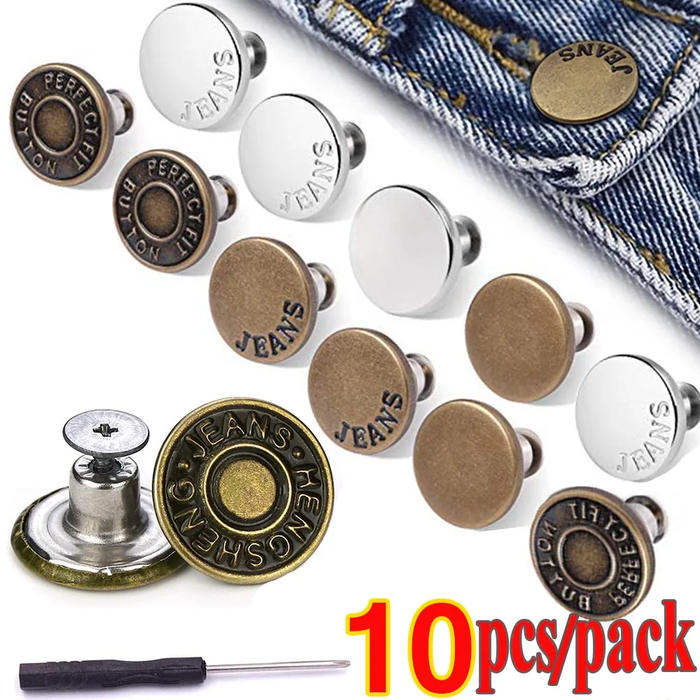 

10Pcs/pack Jeans Buttons Replacement 17mm No Sewing Metal Button Multiple Styles Snap Fastener Pants Pins DIY Sewing Accessories