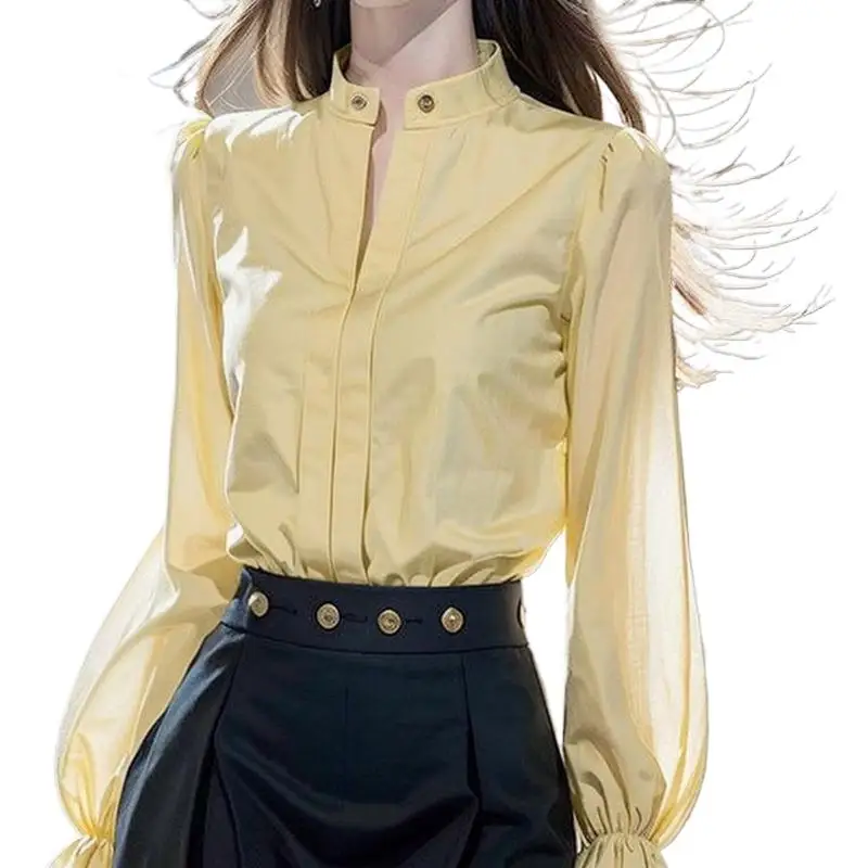 Boweylun Autumn New Style Yellow Standing Collar Long-Sleeve Shirt Women Fashion Blouses Tops Women