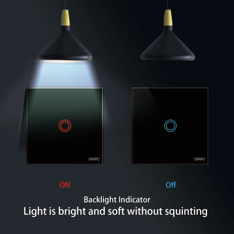 UBARO EU/UK Light Switch Crystal Glass Panel Light Wall Touch Switch Electrical Sensor LED Indicator 1 Gang 1 Way 220V Switch