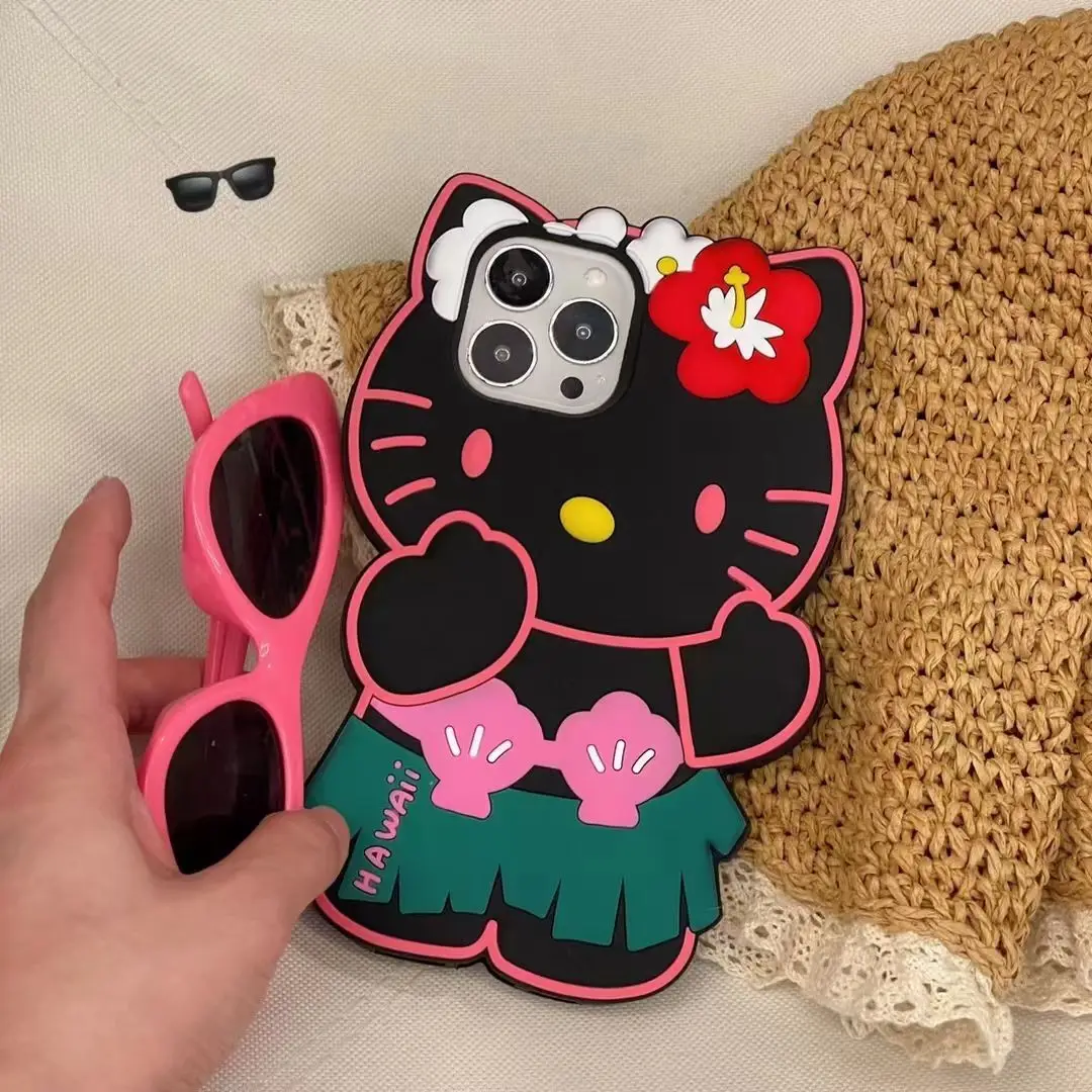 Hello Kitty Hawaiian Series Mobile Phone Shell Anime Sanrio 3D Stereoscopic Fall Prevention Iphone 14 13 12 11 Pro Soft Shell