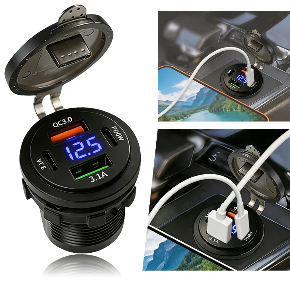 New Motorcycle Car USB Power Outlet With Wiring Terminals 4 Ports QC3.0+PD30W+Dual 3.1A USB Car Charger Socket Waterproof Marine