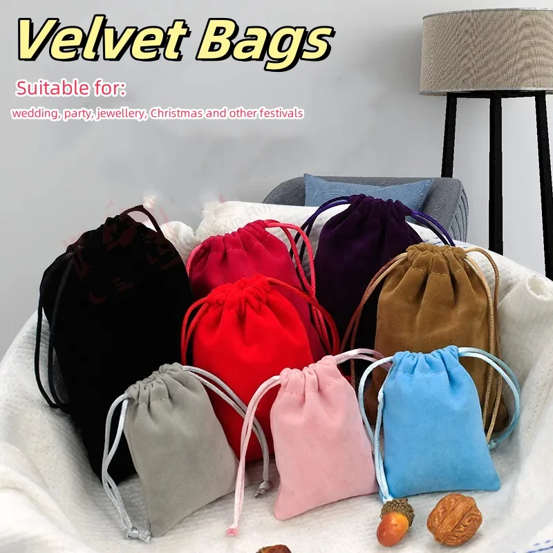 100 Pcs/Lot Soft Fabric Velvet Drawstring Gift Bags for Wedding Party Various Size Jewelry Package Elegant Pouches