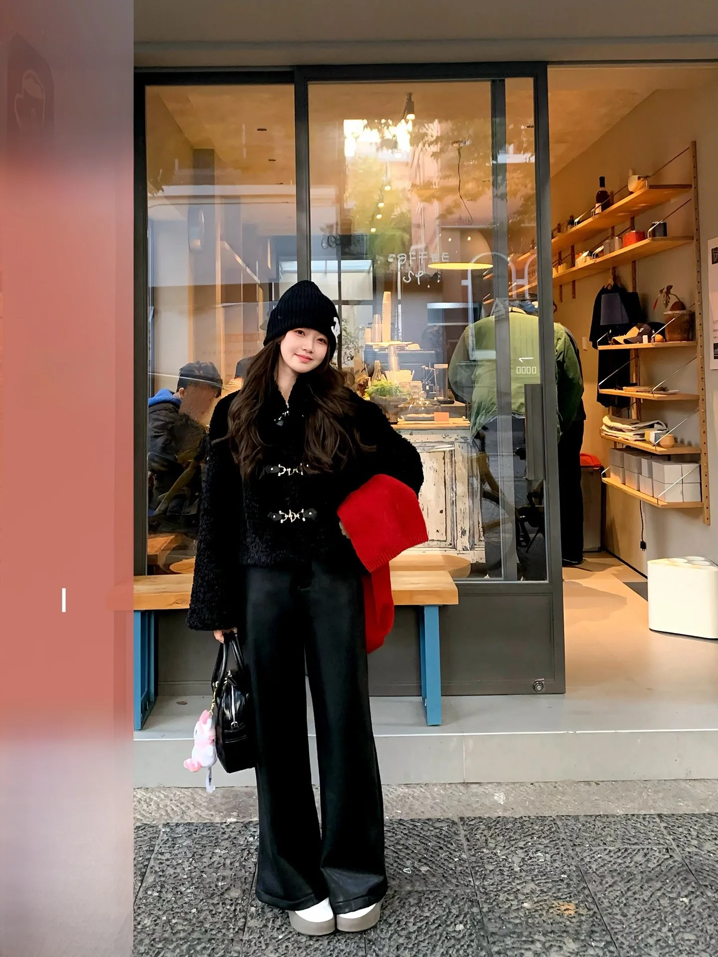 

Bla ort Lamb Fur Jaet Women's Winter Coat Gold Button Korean Sle Straight Cut Long Sve Stand Collar Polyester Fiber