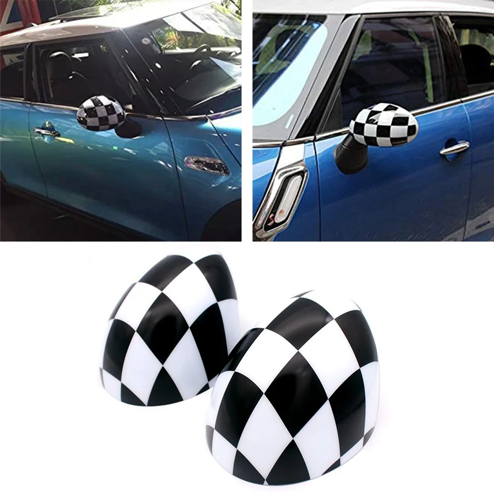 Car Checkered Mirror Caps Covers for BMW MINI Cooper R55 R56 R57 with Auto Powerfolding Mirrors Only