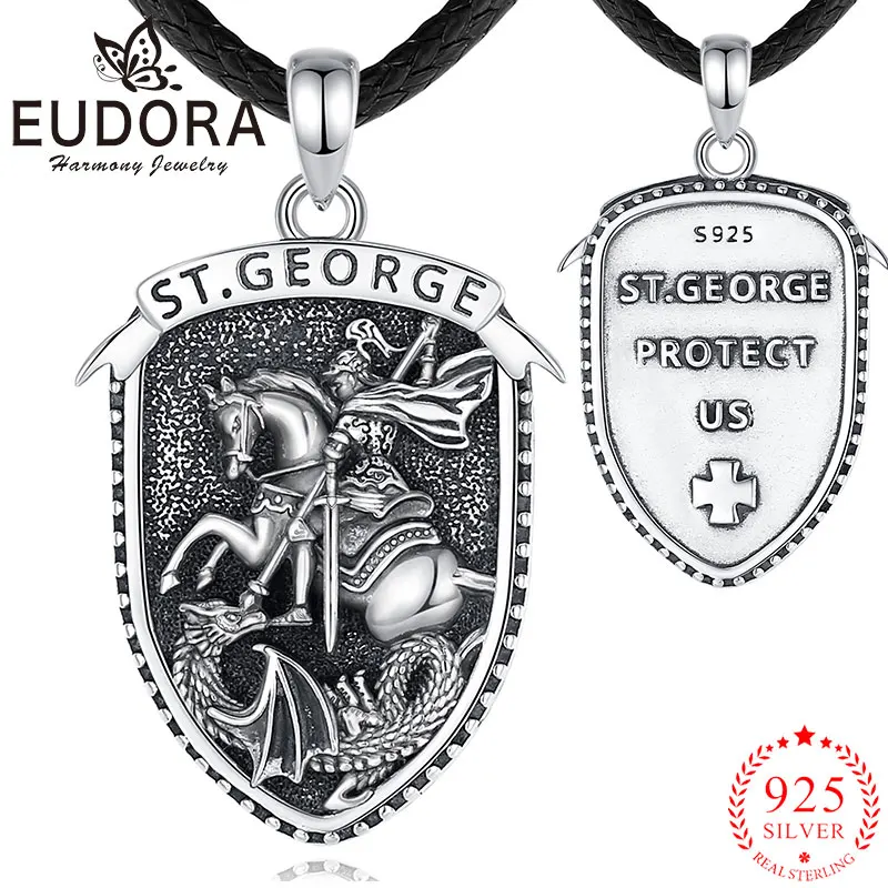 Eudora 925 Sterling Silver St. George Necklace Warrior Vintage Shield Christian Amulet Pendant Religious Men Personality Jewelry