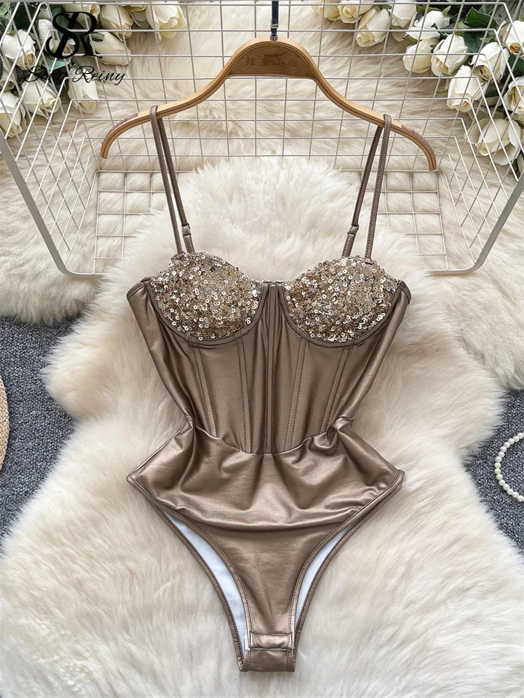 American Ins Sexy Bodysuits Fashion Sequins Corset Sheath Chic Women Rompers Clubwear Shiny Party Strap Playsuits