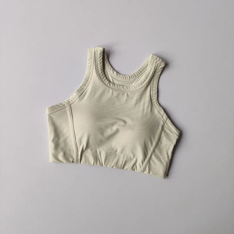 新ハイインパクトフィットネスヨガブラ スーパーストレッチ ラウンドネック ジムクロップトップ リブ生地 ノースリーブ ランニングベスト レディース スポーツウェア