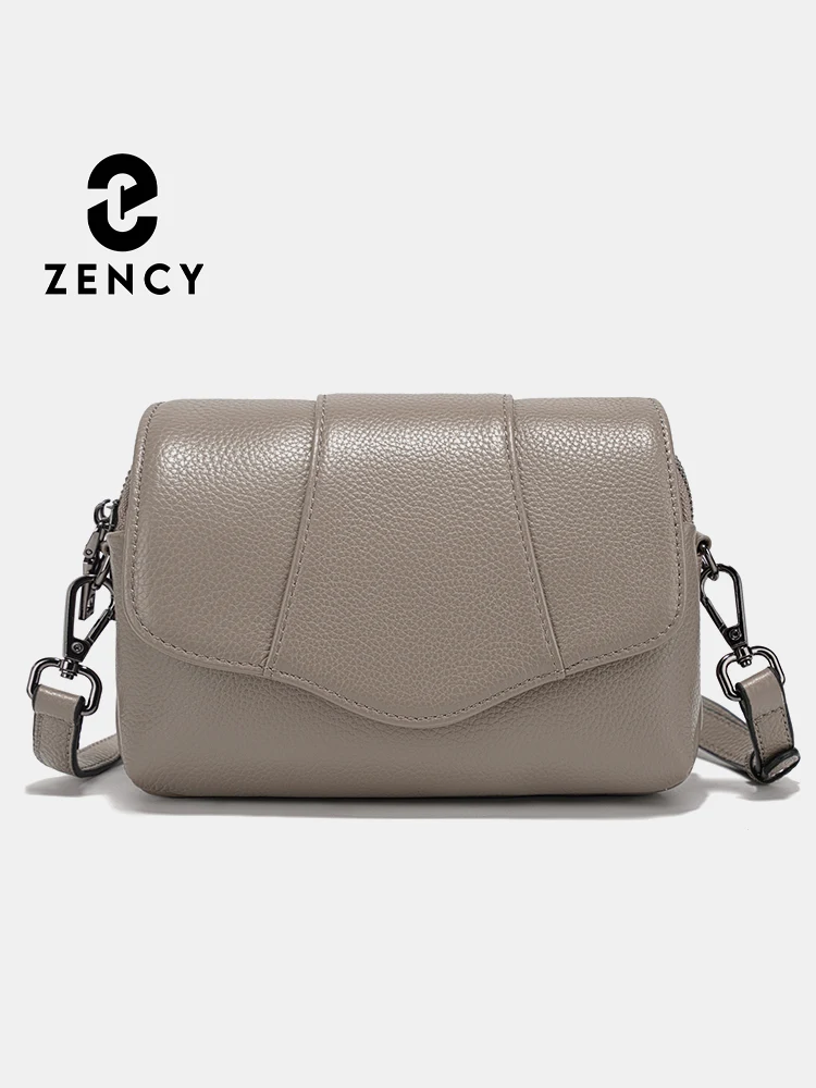 Zency Genuine Cowhide Leather Crossbody for Women Simple Multi-compartment Shoulder Handbag Satchel Cow Skin Apricot Beige Grey