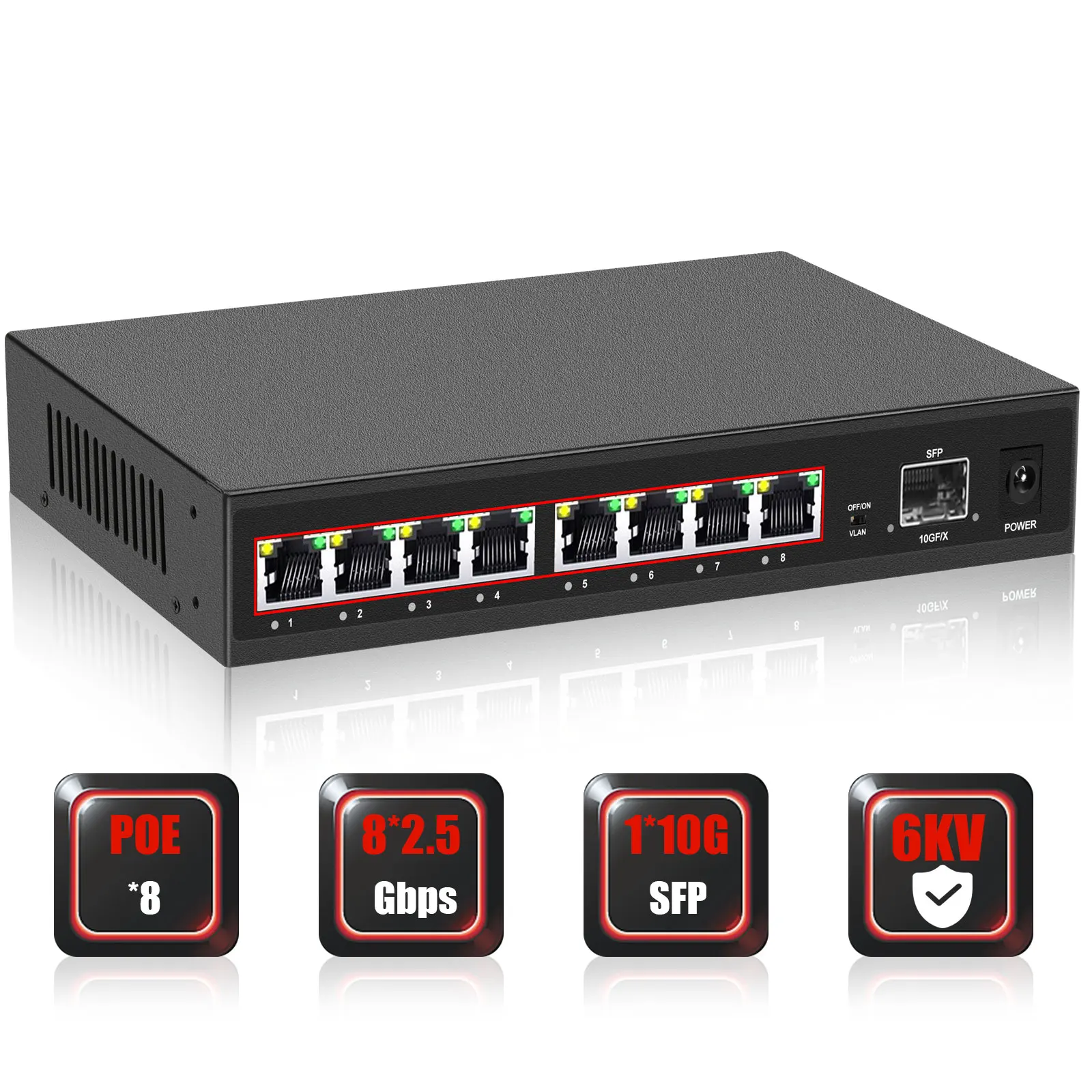 

2.5G POE Switch 10G SFP 10gb Network Switch Unmanaged Ethernet Gigabit Switch 10000Mbps for NAS Wifi Router Wireless AP VDI