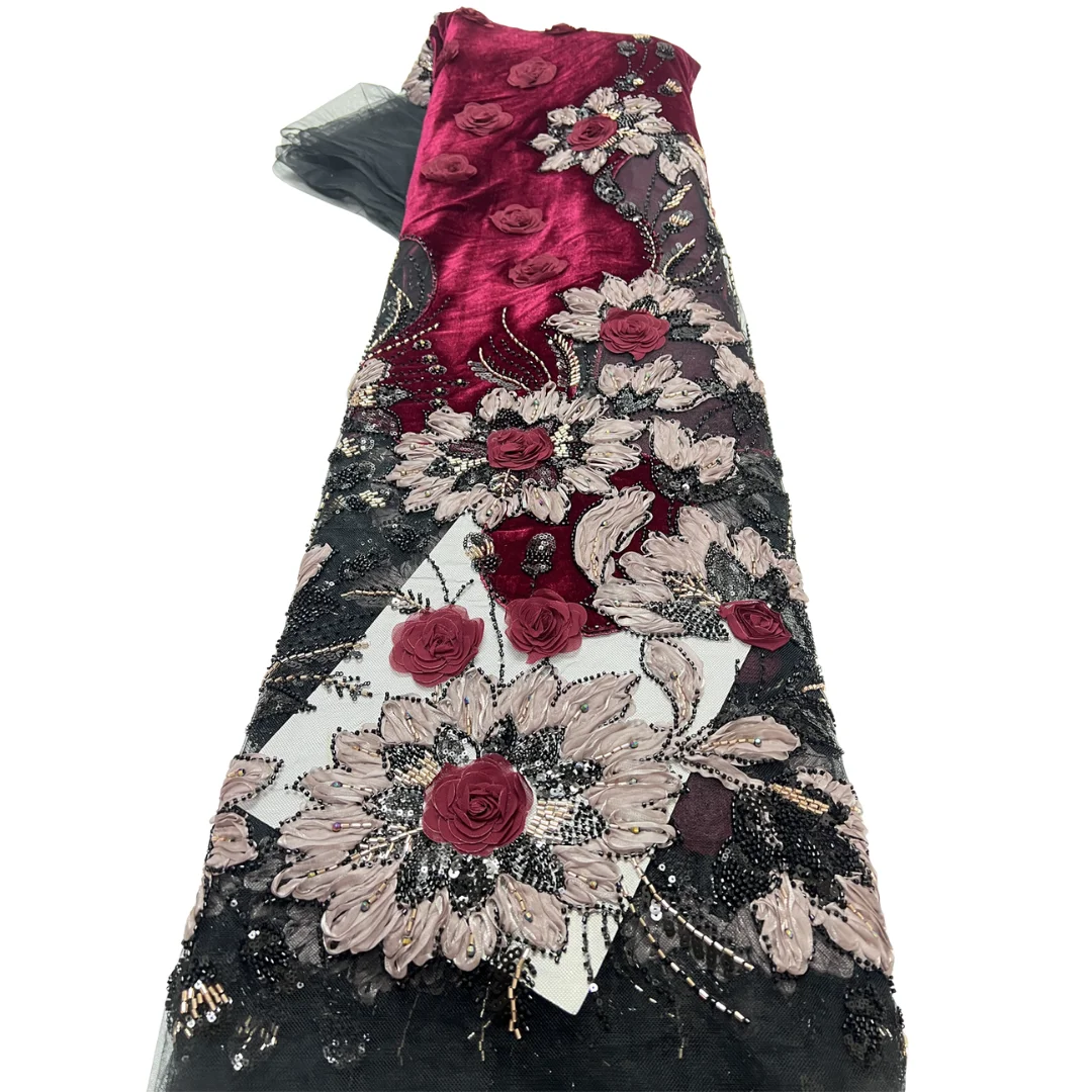 バーガンディアフリカレース生地ベルベットフローラル刺繍高品質 - Embroidery Ai のレビューと価格