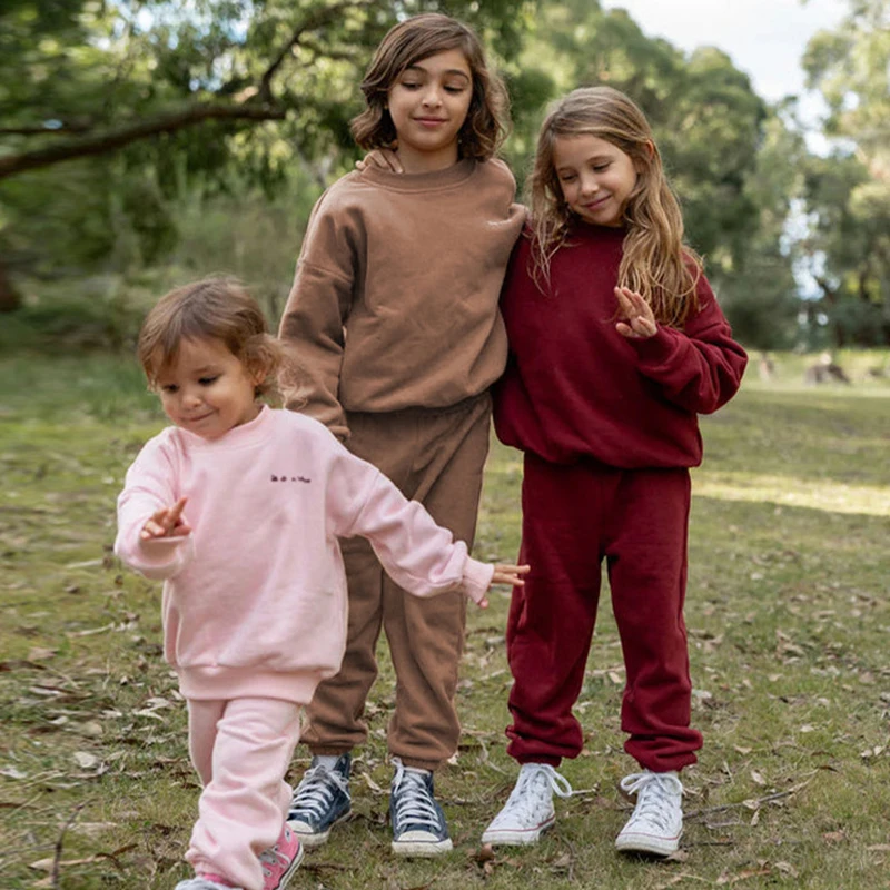

100% Cotton Children's Crew Neck Sweatshirt Suit Autumn Winter Sports Girls Letter Print Top + Elastic Waist Pants Two-Piece Set