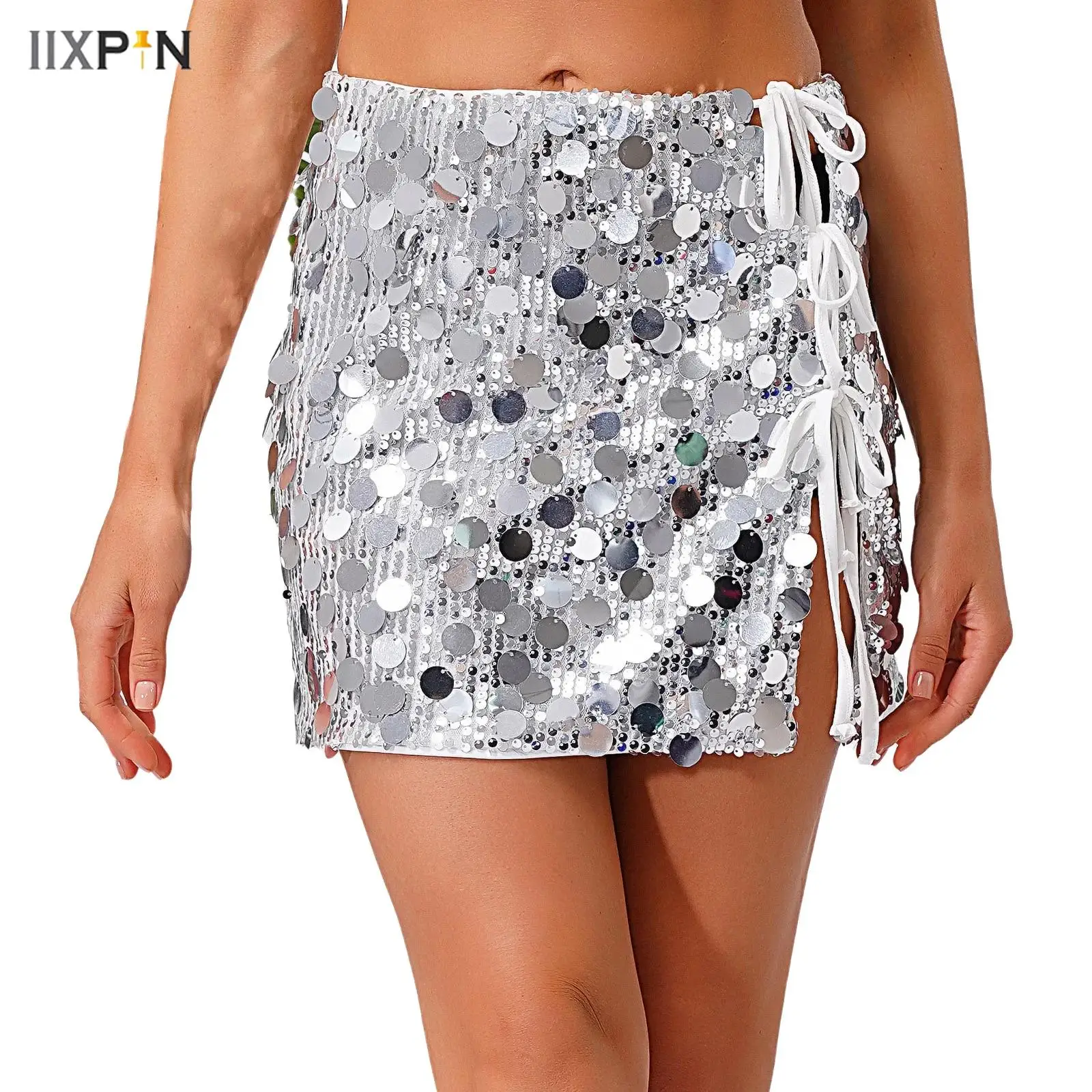 

Women's Miniskirt for Latin Jazz Sparkly Sequin Mesh Fully Lined Side Slit Lace-up Bodycon Skirt for Raves Party Club Beachwear