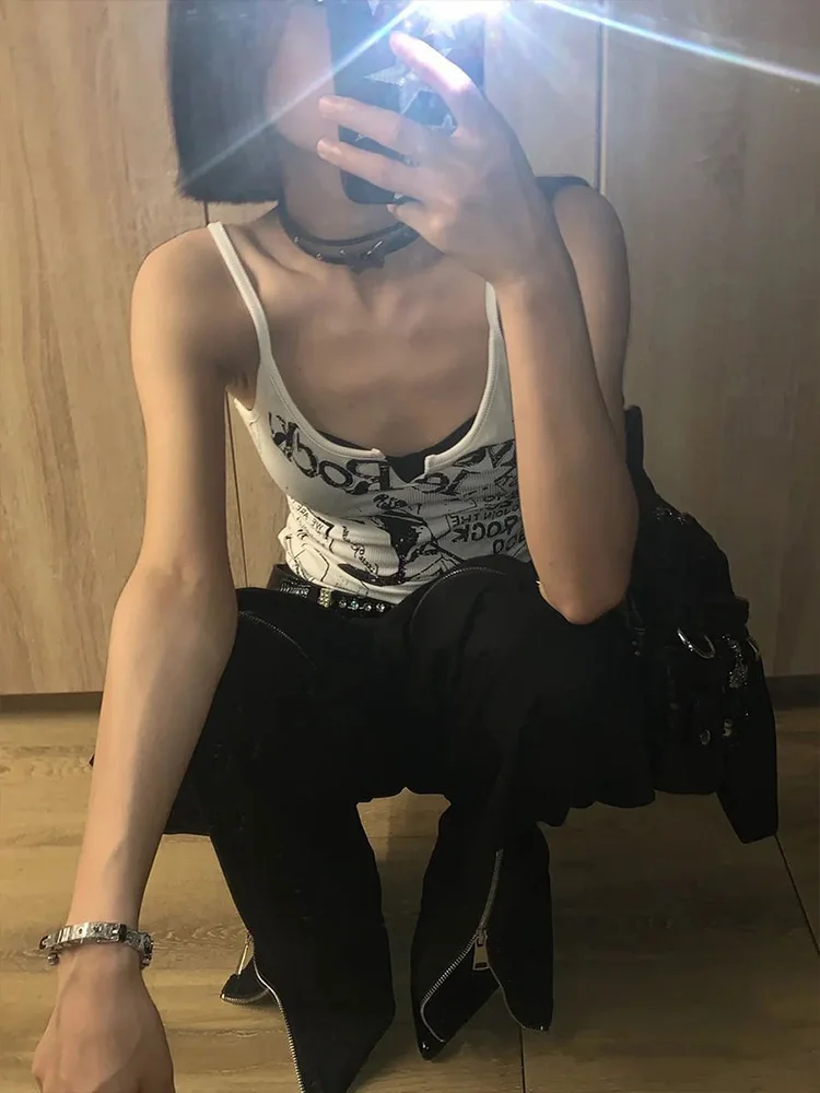 Y2K E-Girl Punk Print Sleeveless Ribbed Knit Tank Top For Women 2000s Crop Top Summer Fairy Grunge 90s Hippie Tee Korea Fashion