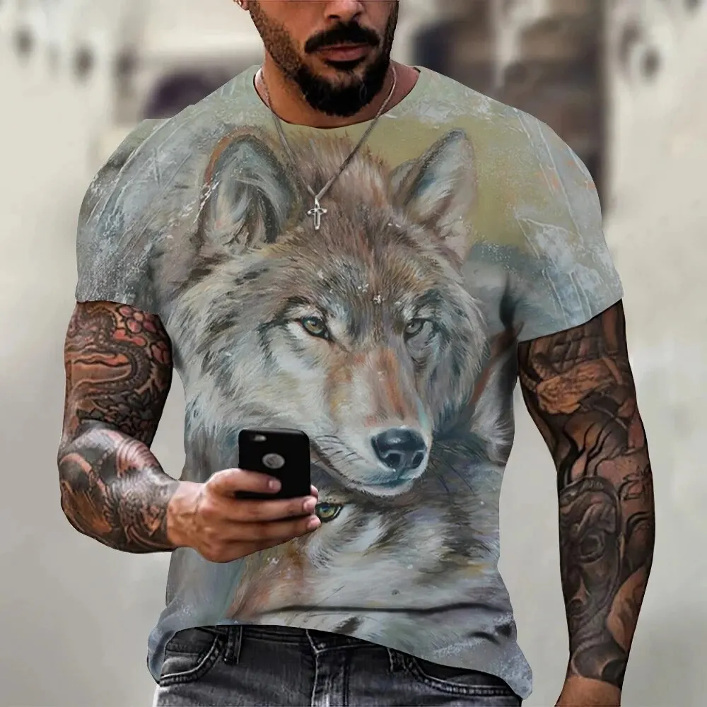 2024 3D Print Wolf T-shirt Men\'s Animal Print Short sleeved Top Casual Street Men\'s T-shirt Plus Size Men\'s Vintage Clothing