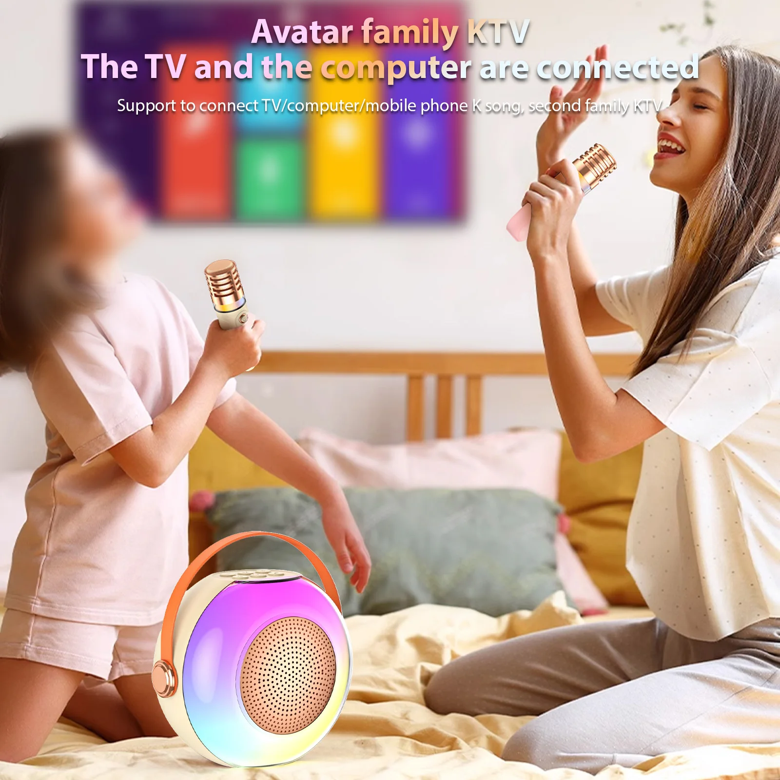 2つのワイヤレスマイク,Bluetoothマイク,KTVスピーカーセット,RGBライトエフェクト,音声制御システムを備えたカラオケマシン