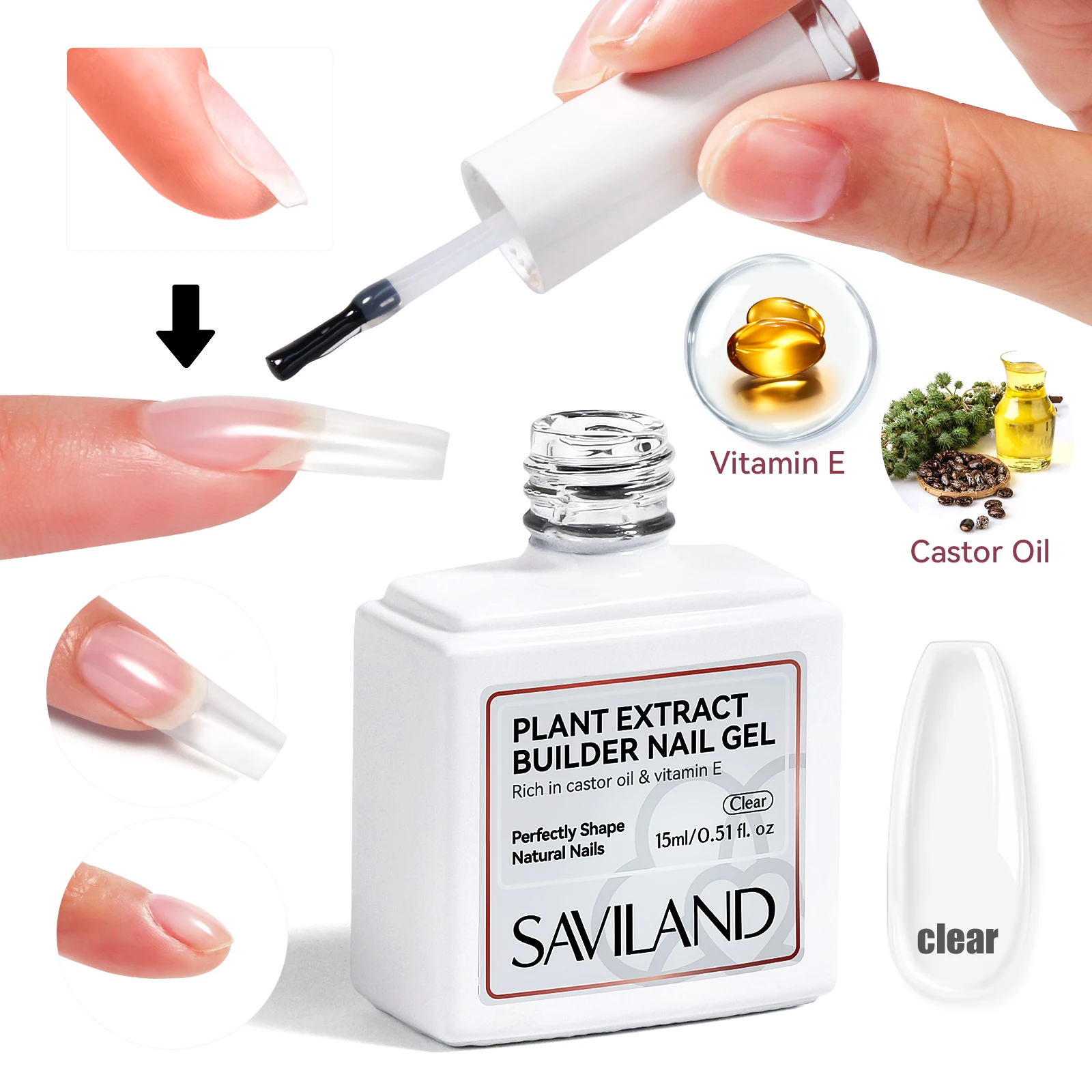 SAVILAND Gel trasparente da 15 ml in bottiglia rinforzante per unghie in gel duro con olio di ricino per estensione nail art