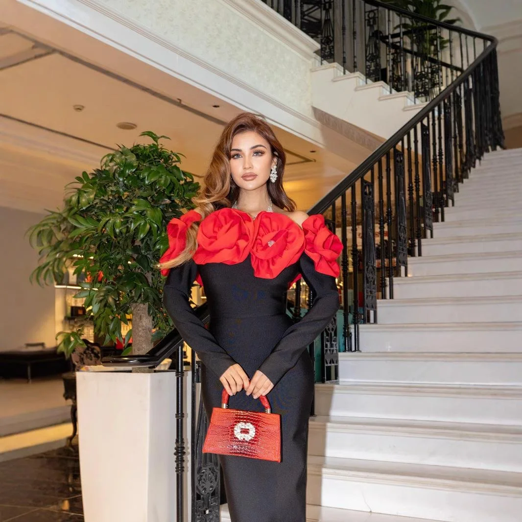 ชุดราตรีผู้หญิงลายดอกไม้พิมพ์ลายหรูหรา แขนยาวเปิดไหล่ พร้อมเข็มขัด ทรงเอ สไตล์ CiWalk Basic Sle H-ape