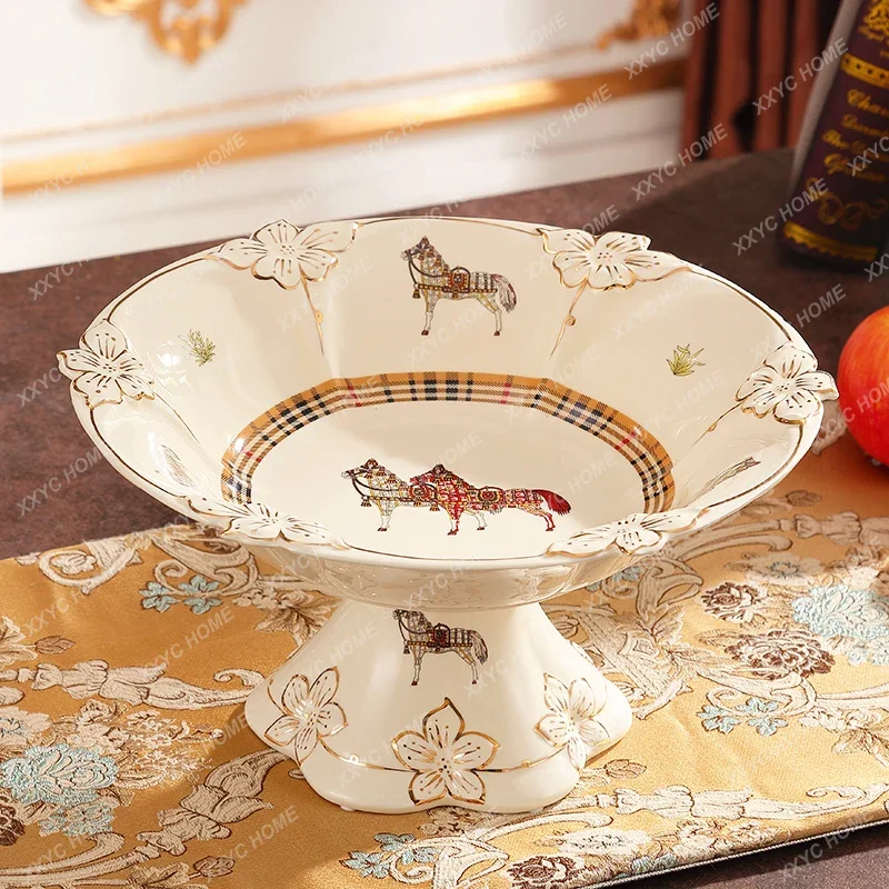 European-Style Ceramic Fruit Plate Home Practical Large Tall Feet Fruit Basin Living Room Creative Tea Table Decoration