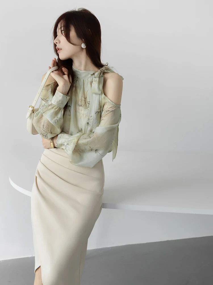 

Ele Soft Dra Water-Media Printed Blend oulder-Drop irt Women's Sle Commute Faion Straight Cut Long Sve