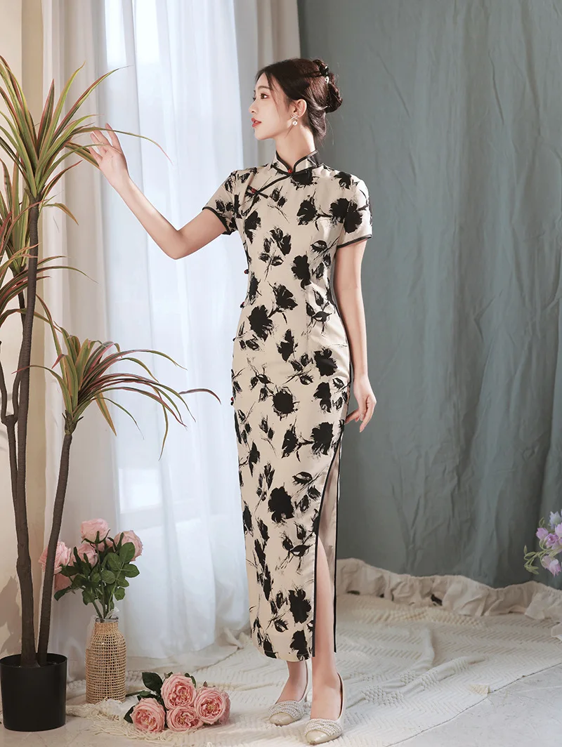 

Женское винтажное платье-Ципао с коротким рукавом и цветочным принтом