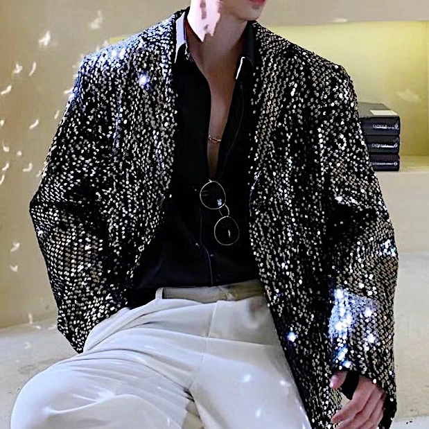 Sequin Blazer Hombre Stage Show Blazer Jacket Outerwear Men Sequins Casual  Suit Jacket Overcoat Male Silver Paillette Blazer