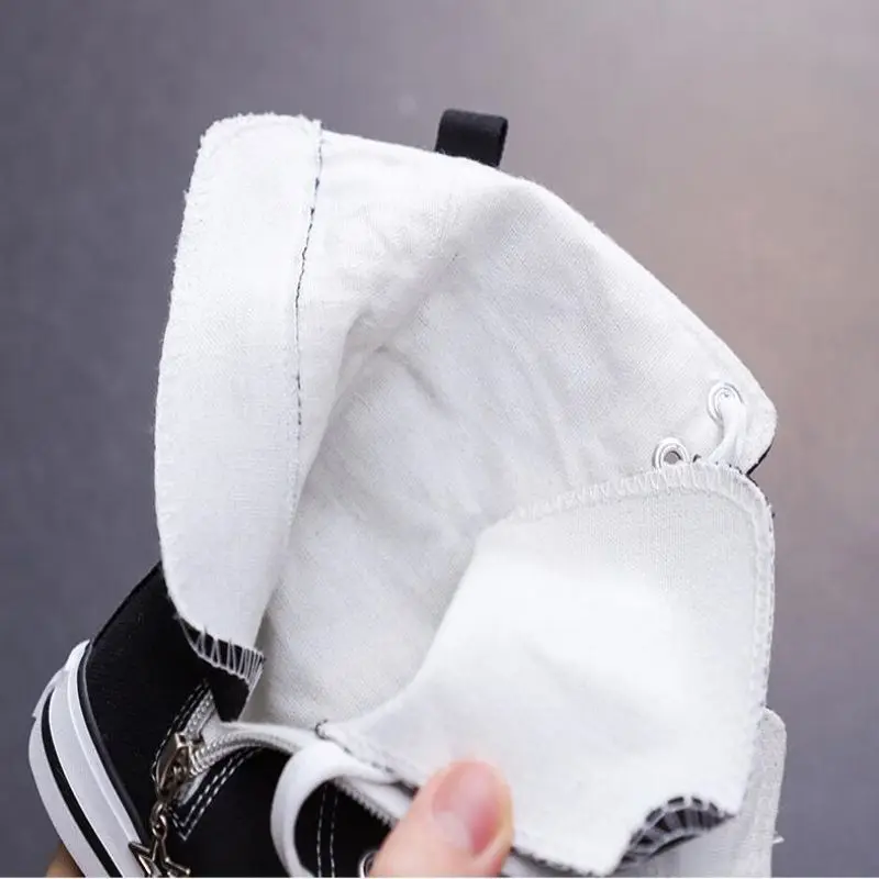 أحذية قماشية للأطفال الخريف عالية الجودة أحذية الفتيان والفتيات الطبعة الكورية العصرية عالية أنبوب الجانب سستة حذاء أبيض صغير 29-3