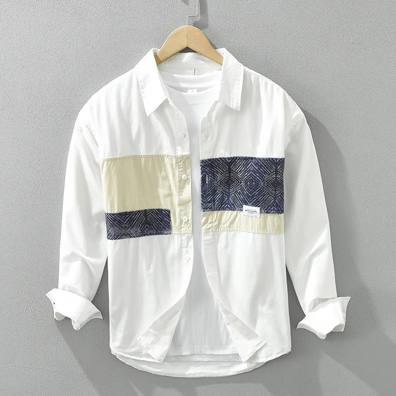 

Printed Patchwork 100% Cotton Shirts for Men 2024 Spring Autumn Fashion Long Sleeve Youth Social Casual Tops Y2k Male Coats