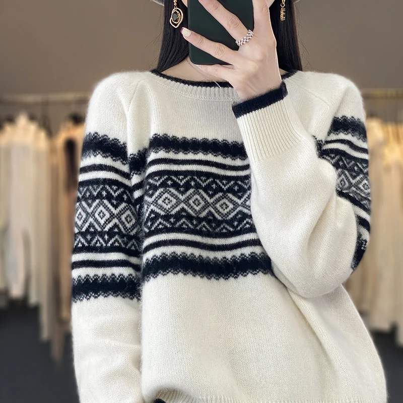 New Year clothes new 2023 vintage fancy jacquard loose sweater crewneck burst knitwear all the fashion