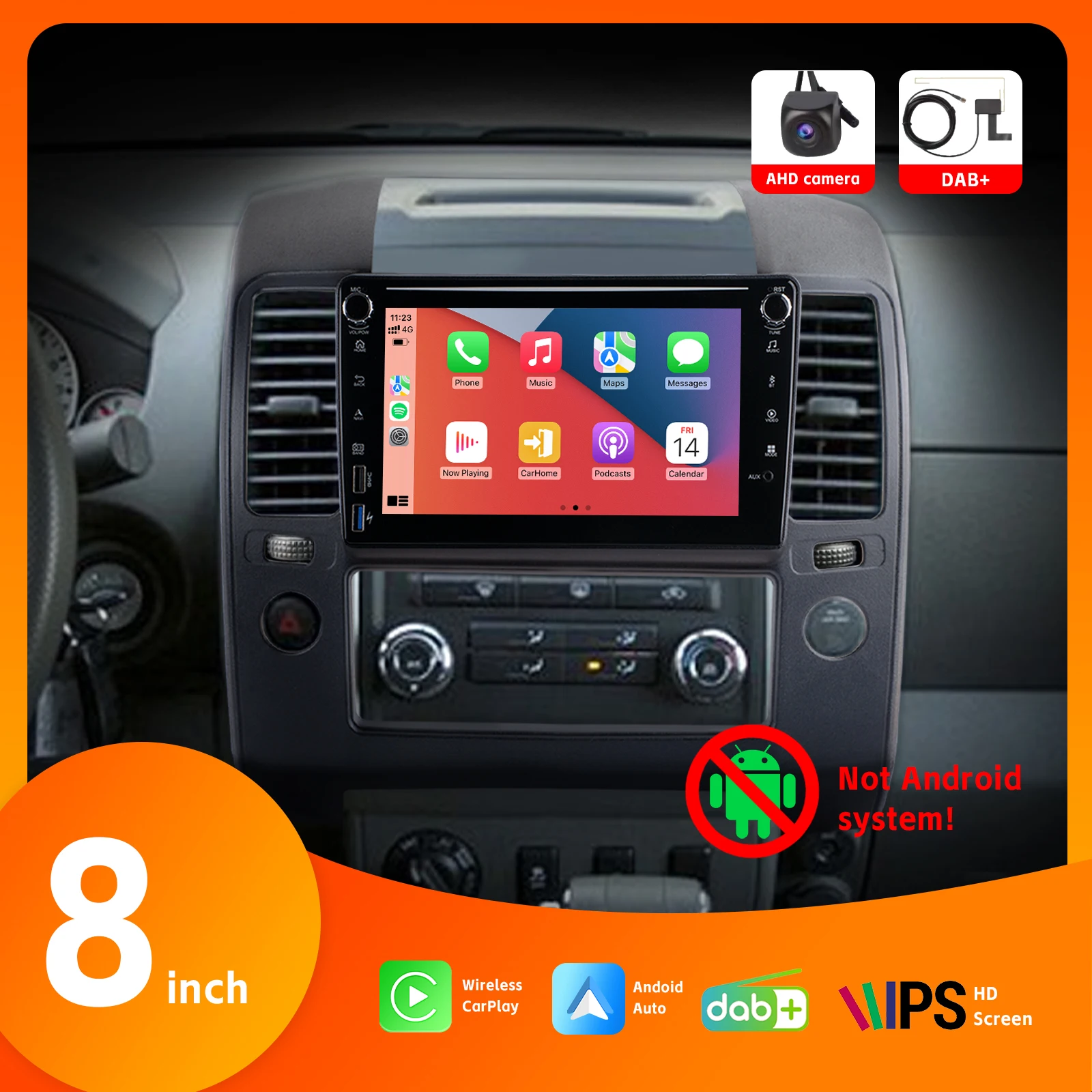 

Car Radio with Wireless Carplay BT Android Auto DSP AHD Rear View Camera 8" IPS Touch Screen for NissanNavara Frontier 2005-2010