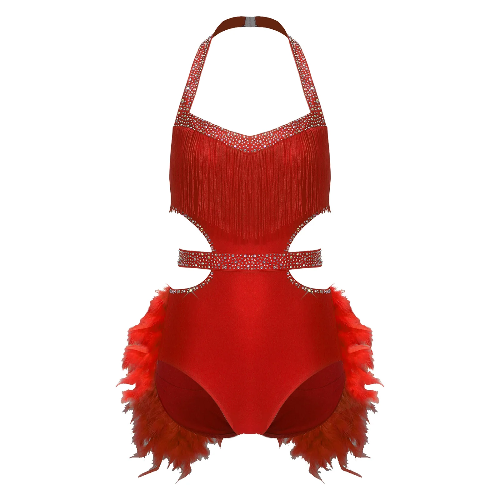 إمرأة لامع حجر الراين اللاتينية رومبا السامبا ملابس رقص الجمباز بذلة الاسبانية زي فو ريشة لهجة الرسن عارية الذراعين ارتداءها #3