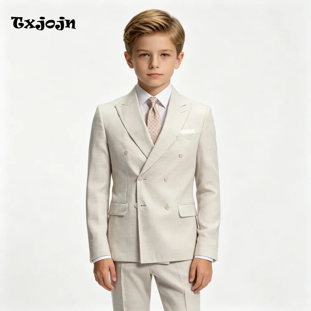 Formal Linen Boys Suit Homecoming Tuxedos 2-Piece Set Trend Pointed Collar Jacket Wedding Double Breasted Blazer Pants for Party
