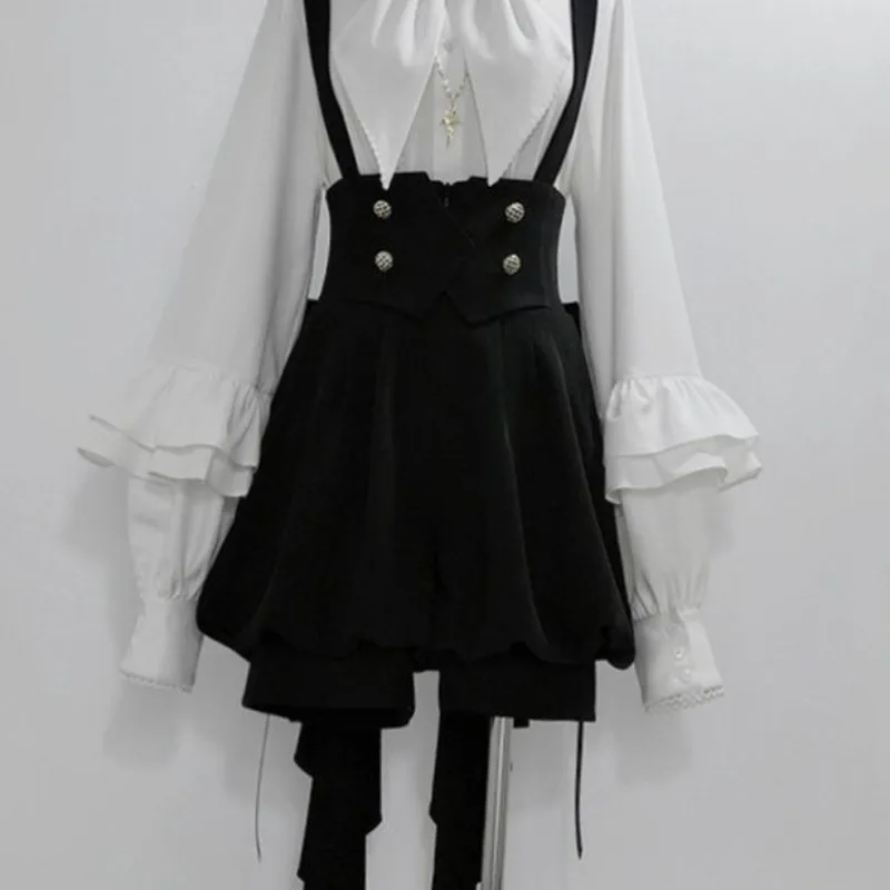 Prince Lolita Dress Vintage Elegance Gothic Y2k Suit Women White Bow Shirts Trailing Black Strap Mini Pants Set Party Outfit view 5