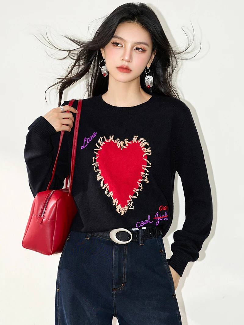 

Black Heart Print Knit Pullover Women Sweater Autumn Vintage Korean Style Chic O Neck Base Versatile Knitwear Tops Ladies Jumper