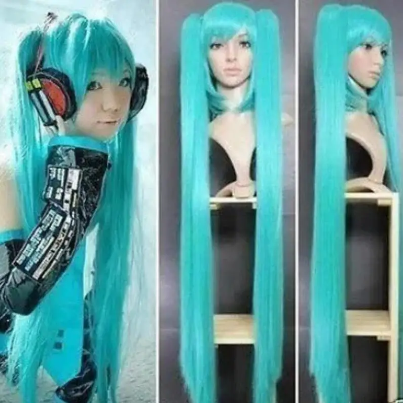 Gratis Verzending Nieuwe Cosplay Miku Lichtblauwe Anime Brs Pruik 120Cm + 2 X Clip Paardenstaarten