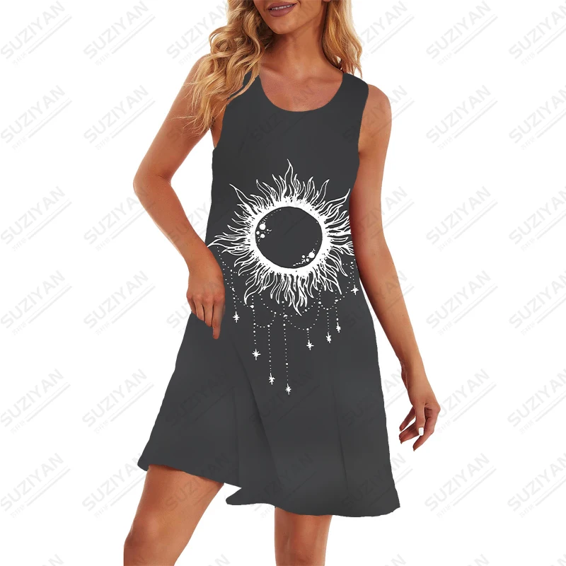 2023 Summer Mystery Galaxy 3D Printed Pattern Dress Women's Fashion Loose Dress Home Everyday O-Neck Sleeveless Dress