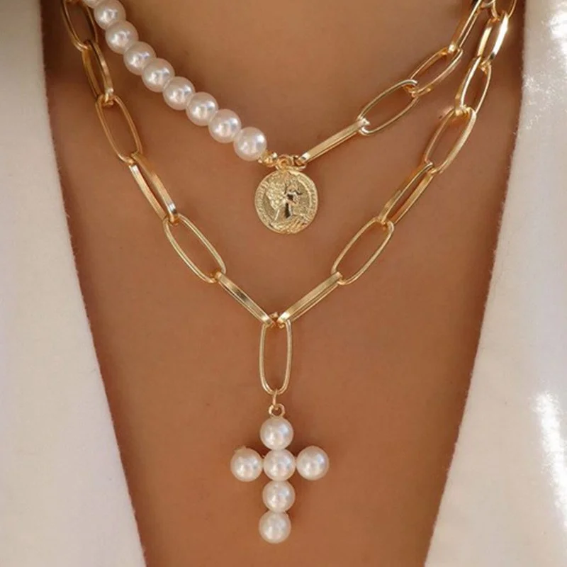 

European and American cross-border hot-selling retro pearl cross head seal pendant three-layer style necklace