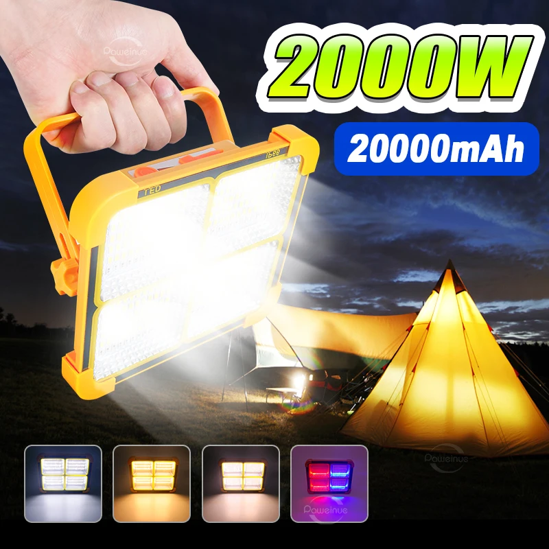 Super Bright Solar Camping Light 1000W/2000W Rechargeable Outdoor Solar LED Lamp 20000mAh Flood Light Portable LED Tent Lamp