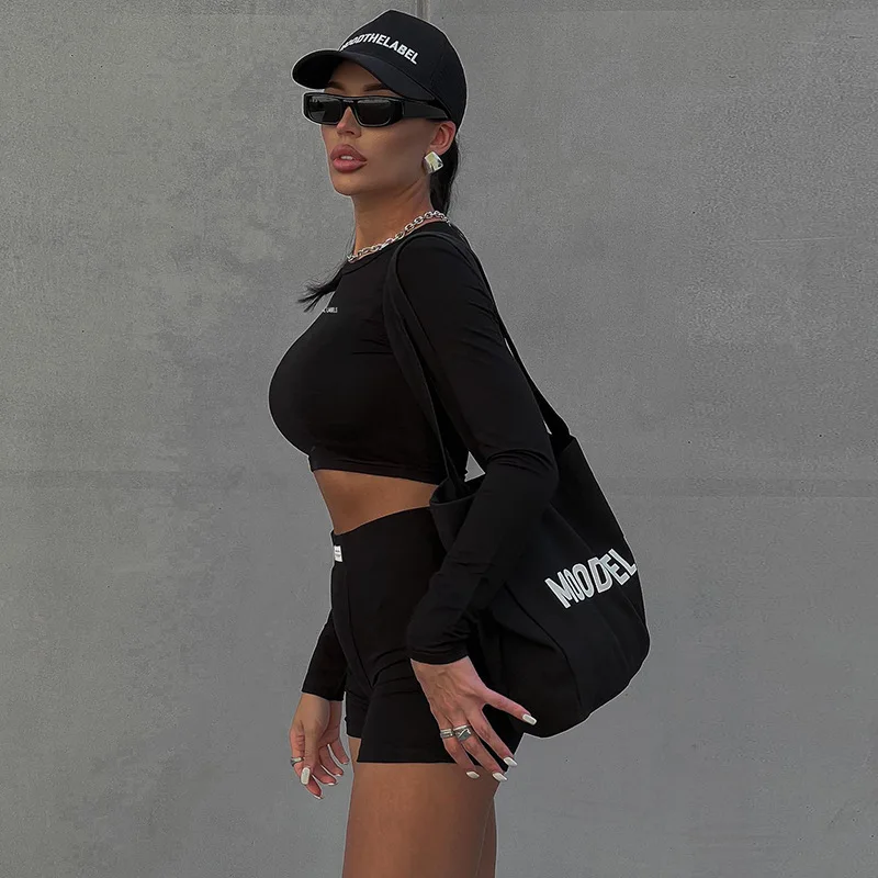 European and American Spring/Summer Round Neck Long Short sleeved 3/4 Shorts Two piece Women's Fashion Sports Versatile Set - Image 5