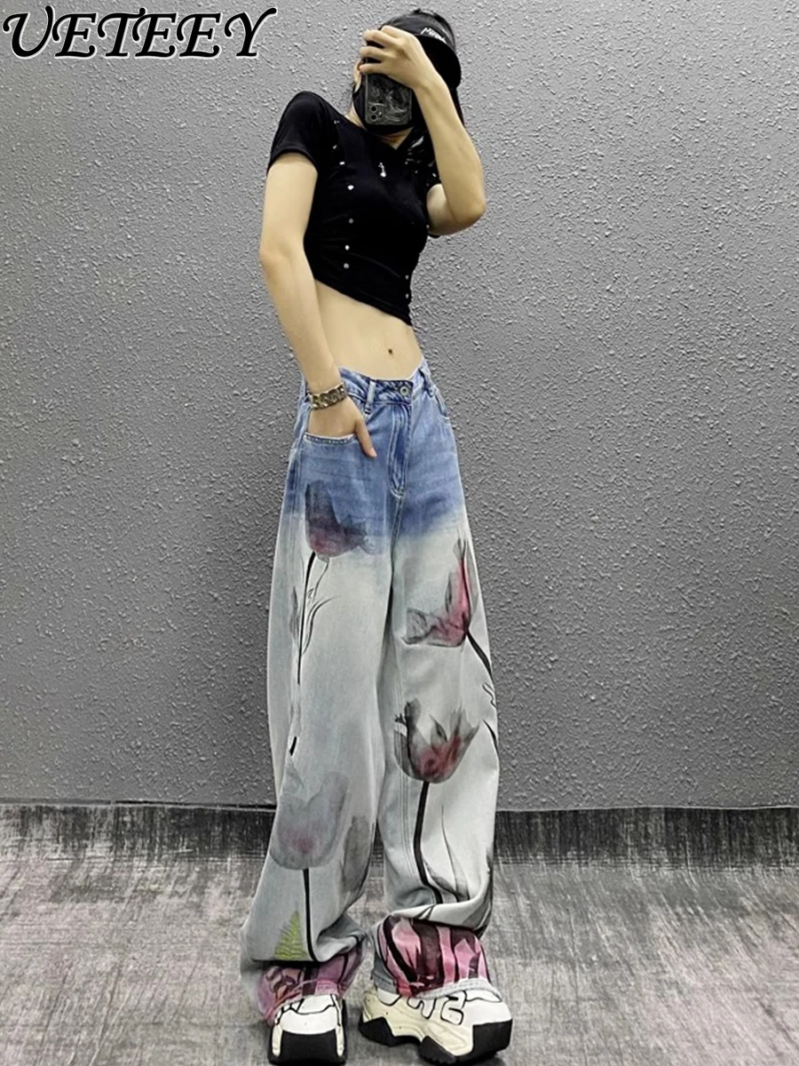 American Retro Ink Printing Color Matching Wide-leg Baggy Jeans Women's Autumn Winter New Loose Straight Mopping Denim Pants