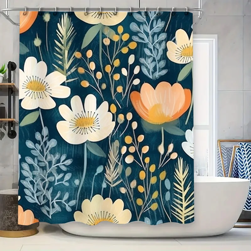 Rustic Floral Shower Curtain Blue White Yellow Orange Bathroom Decor Privacy Rod Pocket Hook for Home Use Modern Design Waterpro