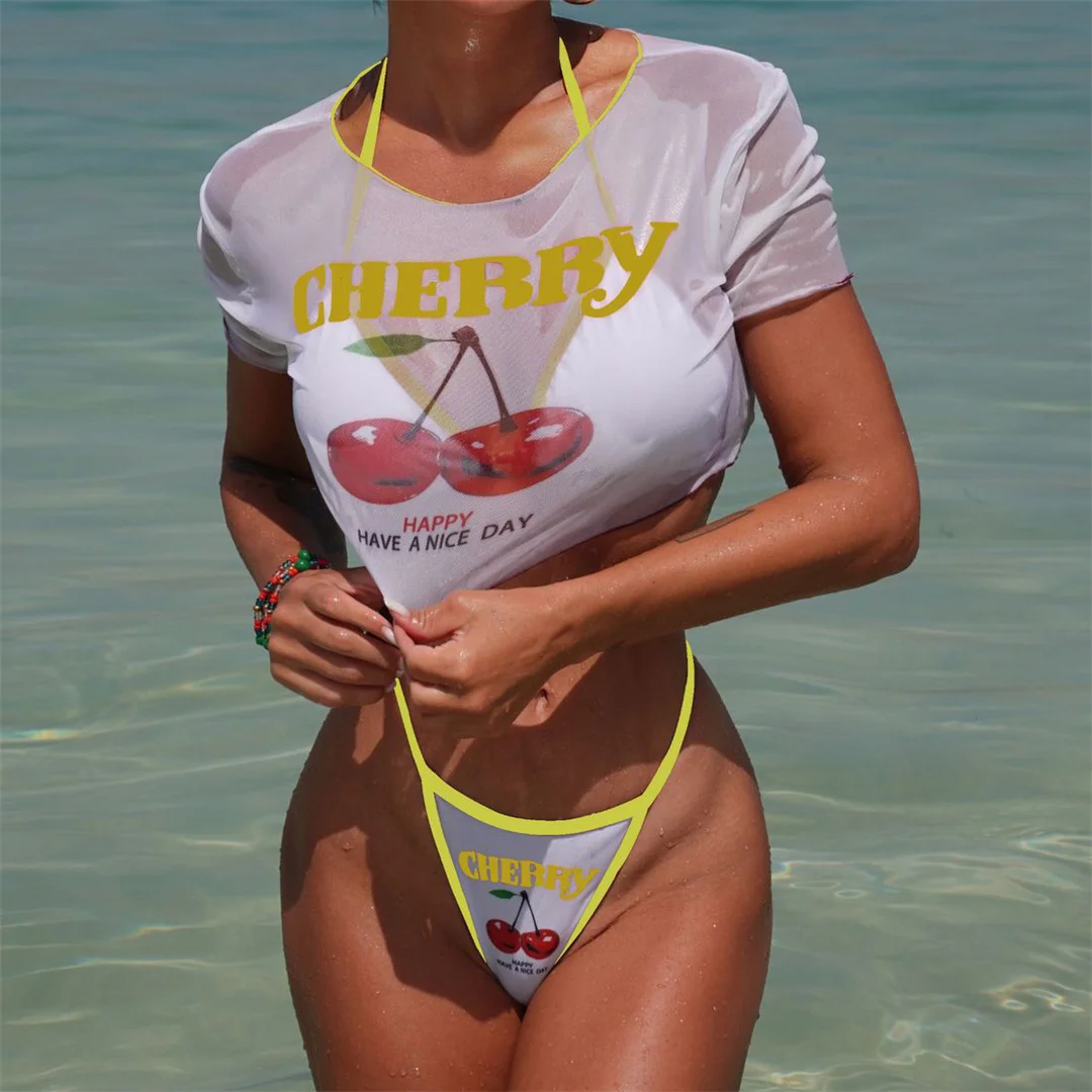Kurzarm-T-Shirt mit Kirschmuster, Bikini, Damen-Badebekleidung, dreiteiliges Bikini-Set, Badeanzug, Badebekleidung, Modell V7132. – Detail 2