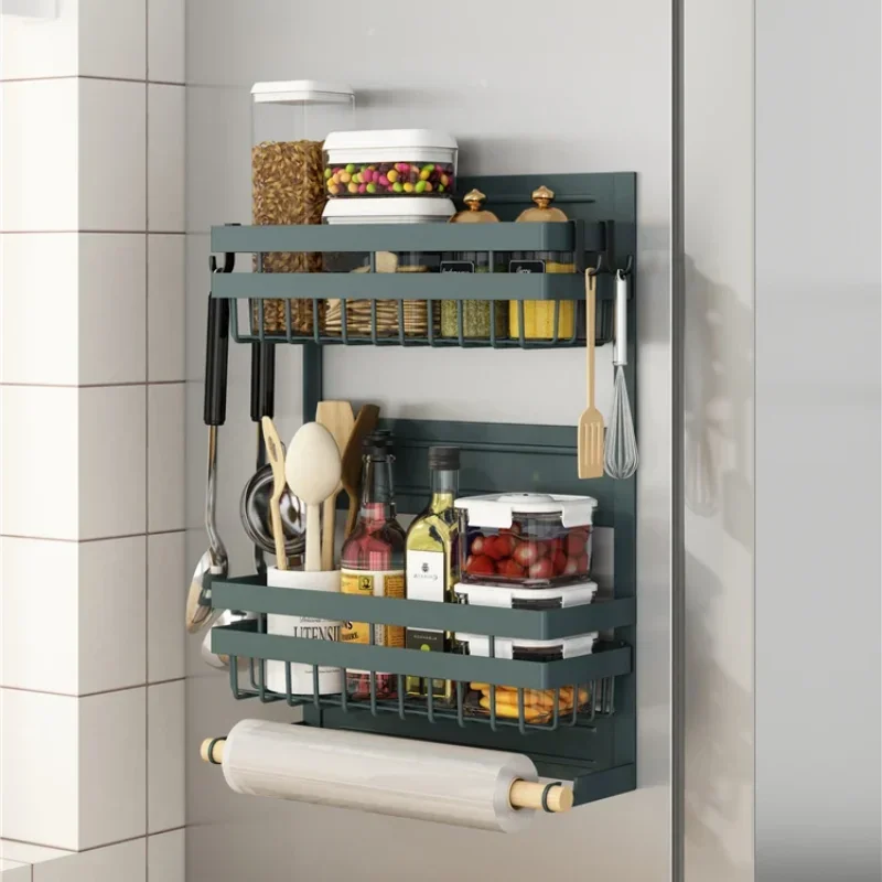 

Magnetic Folding Kitchen Storage Rack Refrigerator Side Organizer Multi-Layer Wall Hanging Seasoning Shelf