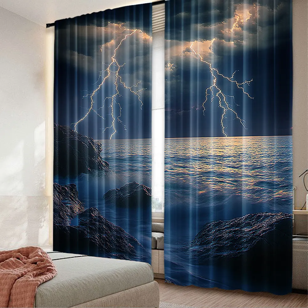 2Pcs Nature Curtain Summer Storm Over The Rocks In Ocean Bad Weather Nature For Bedroom Living Room And Dining Room