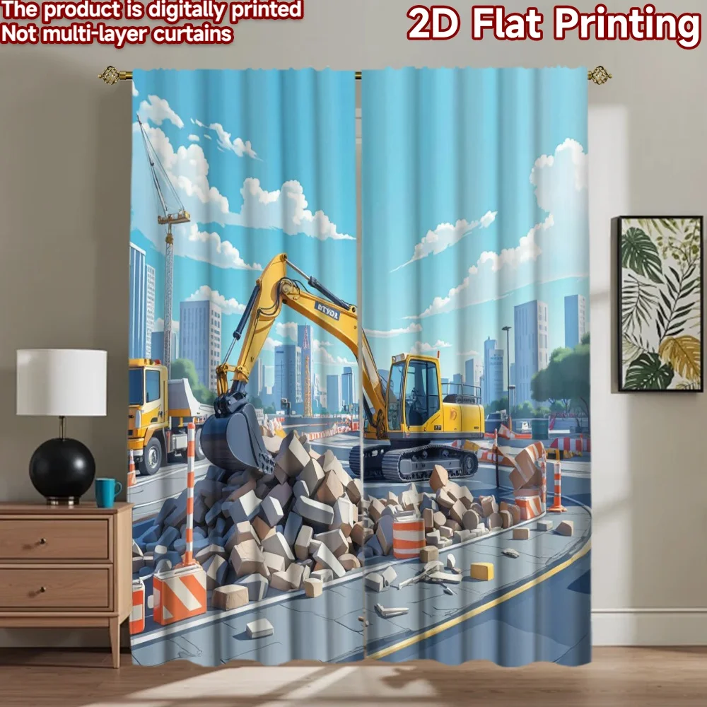 2D flat 2pcs Curtain French Romantic Style City Road Excavator Digitally printed polyester, colorfast Family Party Decoration