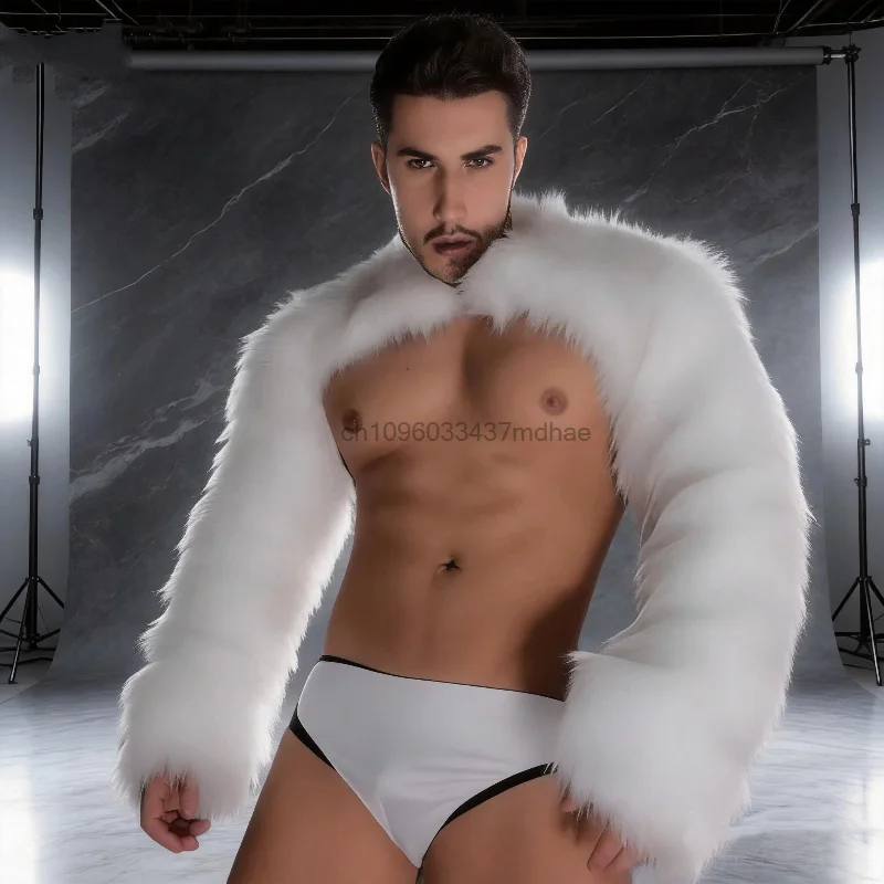 Men Nightclub Stage Costume Music Festival Party Show Cosplay Outfit White Faux Fur Long Sleeve Cropped Shrug Jacket with Briefs