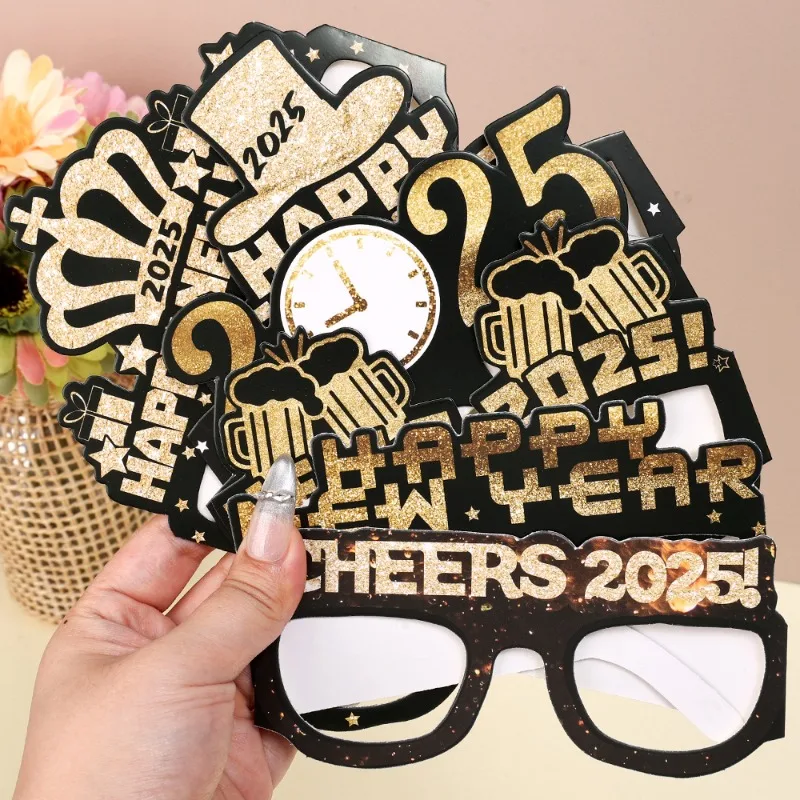 12/24PCS Paper Glasses Frame Eye-catching 2025 Happy New Year Eyewear Party Props Birthday Headgear Party Decor Christmas Supply