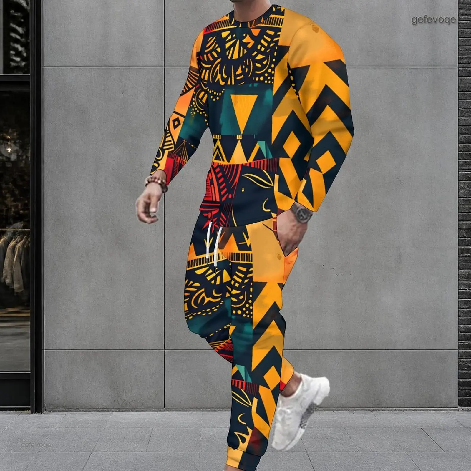 Men Printed Ethnic Geometric Patchwork Round Neck Long Sleeve Top and Cuffed Pants 2 Piece Set
