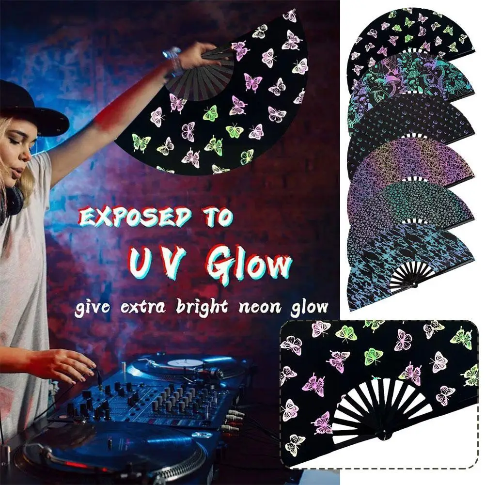 Rave Hand Fan Reflective Festival Hand Fan Foldable Glow Rave Fan Large Clack Hand Fan Portable Bamboo Hand Rave Fan Glitter New